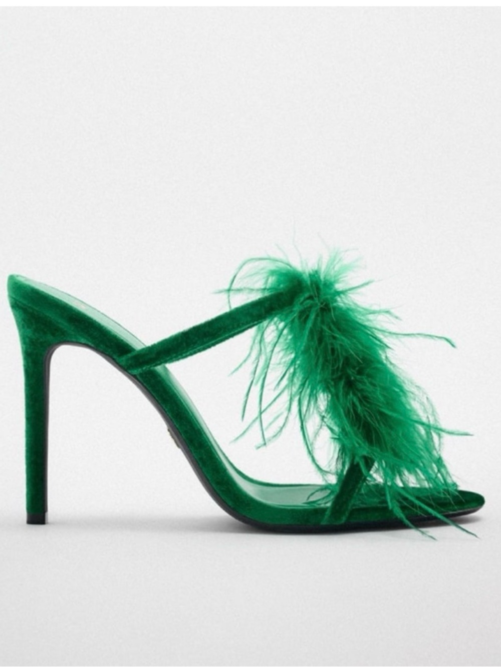 NWOT Zara Emerald Green Feather Trim Stiletto Mule